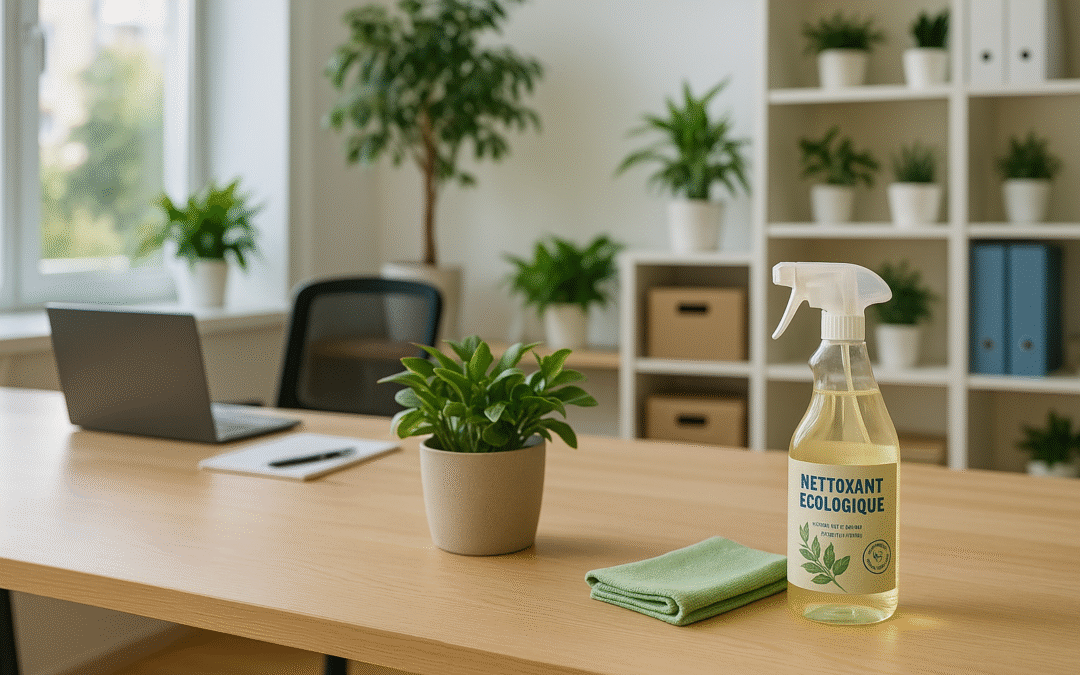 Photographie réaliste de haute qualité prise avec un Sony A7iii, bureau d’entreprise moderne à Nancy, sol parfaitement propre, grandes plantes vertes, lumière naturelle, quelques éléments visuels évoquant un nettoyage écoresponsable : produits écologiques (sans marque visible) discrètement posés, papier recyclé, affiches ou pictogrammes “green” sur le mur, ambiance lumineuse et saine. Aucun agent de nettoyage ni personne dans la scène.