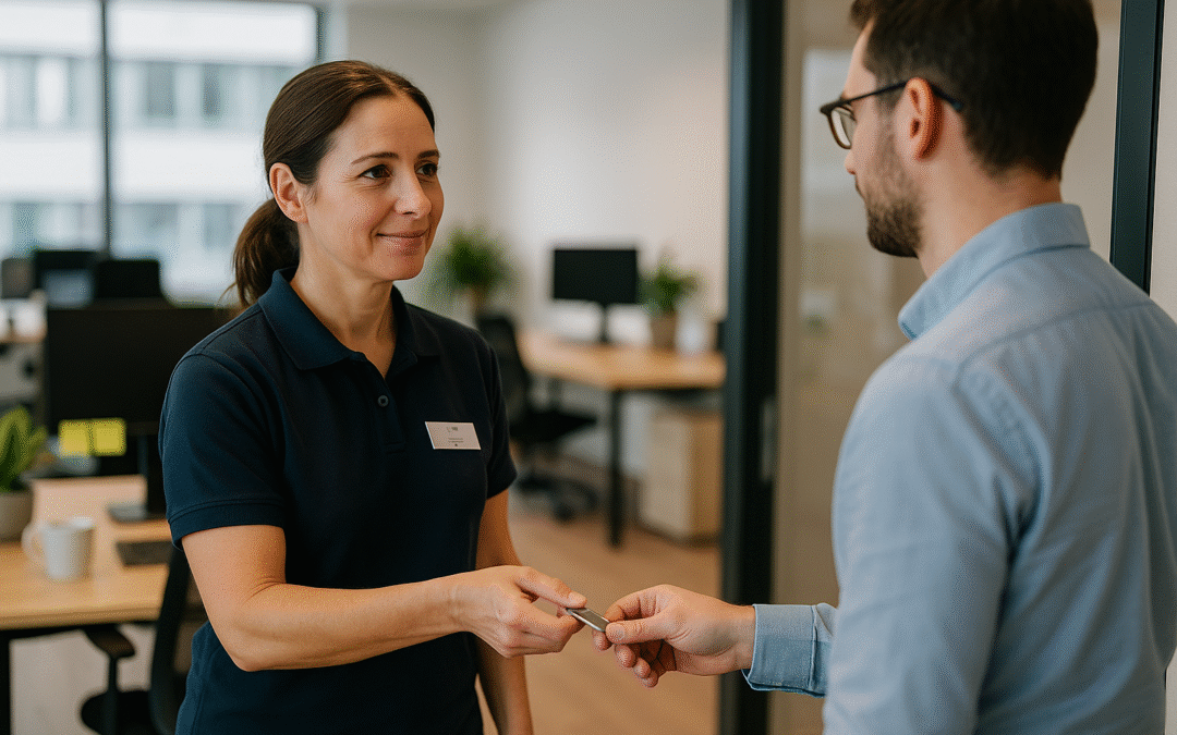Photo professionnelle réaliste, style Sony A7III (bokeh, lumière naturelle, couleurs fidèles), dans un open space à Nancy. Un agent d’entretien en tenue professionnelle discrète (polo, badge), remet les clés ou des consignes à un salarié de l’entreprise, sur le seuil d’un bureau moderne. L’arrière-plan montre un espace de travail réel : mug, ordinateur, post-its, plante verte, atmosphère lumineuse, aucun logo ni matériel de nettoyage visible. Attitude naturelle, ambiance de confiance, scène typiquement française, rien de posé, aucune autre personne regardant l’objectif. Qualité magazine, mais 100% réaliste, comme prise sur le vif.